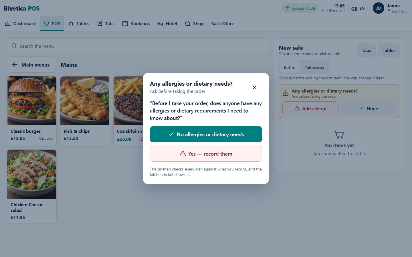 The till asking about allergies before the first item goes on the order