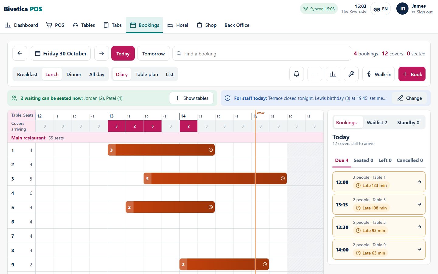 Table booking diary for the day, with bookings by table and time