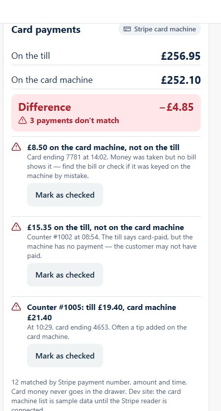 Card payments on the till compared with the card machine, three differences listed