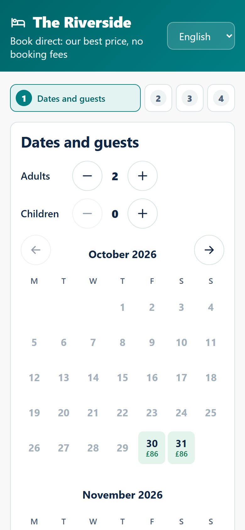 The venue's own booking page on a phone
