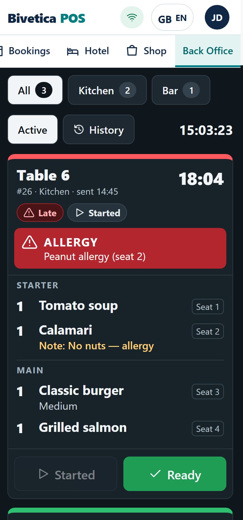 Kitchen ticket with an allergy warning