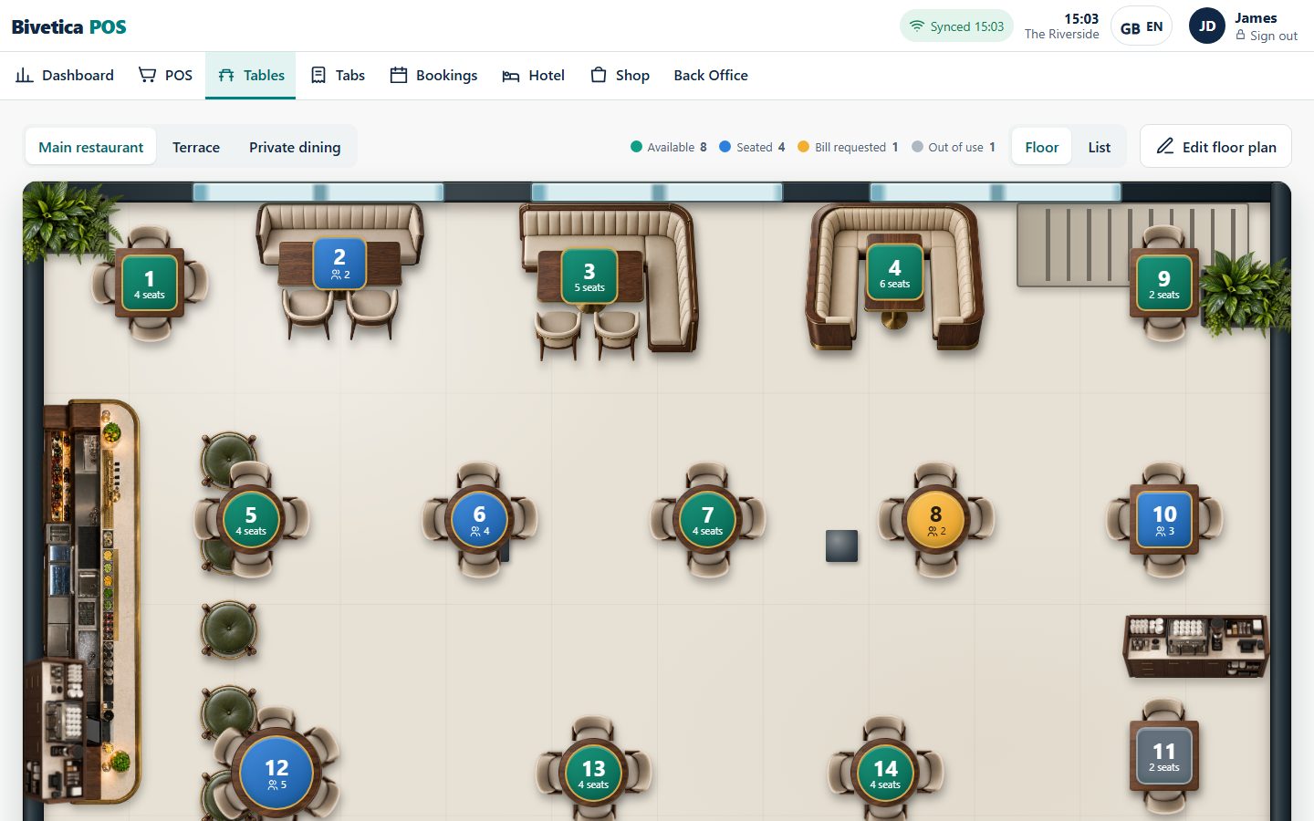 Live floor plan of the restaurant with table numbers and status